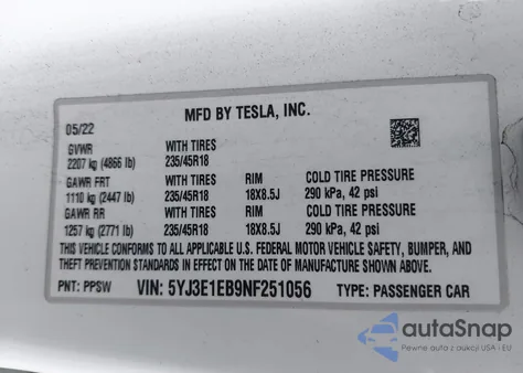 2022 Tesla Model 3 Long Range Dual Motor All-Wheel Drive z USA, uszkodzony, nr VIN 5YJ3E1EB9NF251056